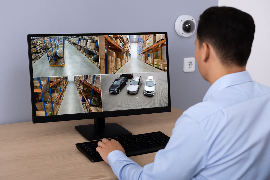 kỹ thuật viên theo dõi hệ thống camera giám sát trên màn hình