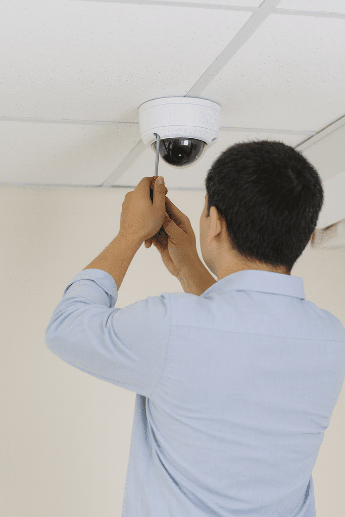 thi công camera an ninh trên trần thạch cao – kỹ thuật viên lắp đặt camera giám sát